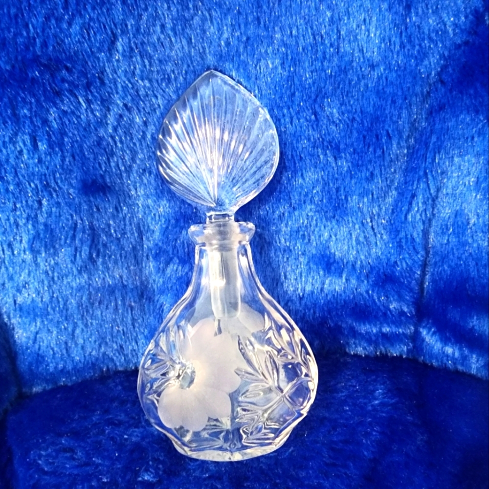 Vintage Glass Perfume Bottle with Frosted Flower Decoration